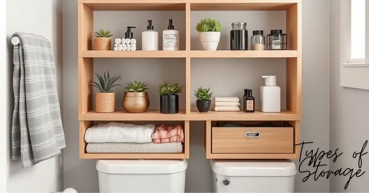 Over-the-toilet shelving unit in a small bathroom