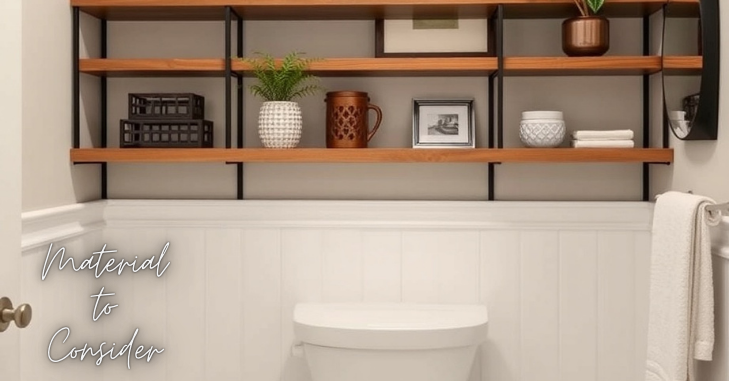 Floating shelves mounted above a toilet for towels