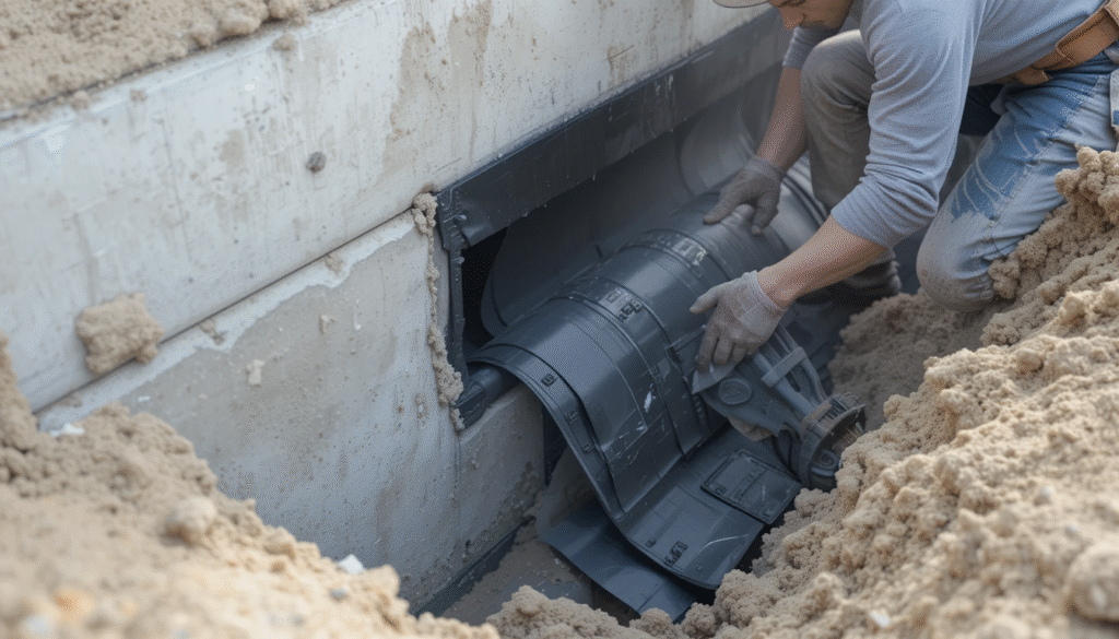 Excavated trench exposing an exterior foundation wall