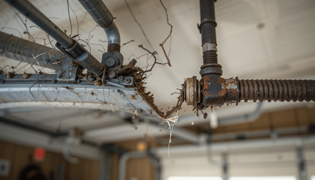 Broken garage door torsion spring mounted above the door