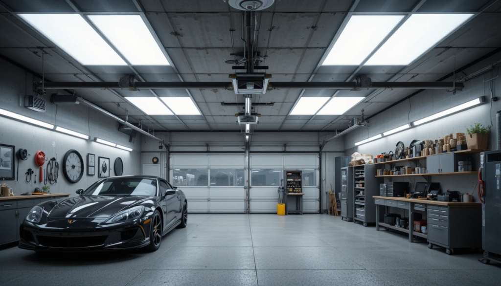 LED shop lights illuminating a two-car garage