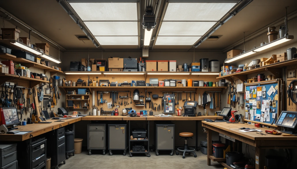 Task lighting focused over a garage workbench