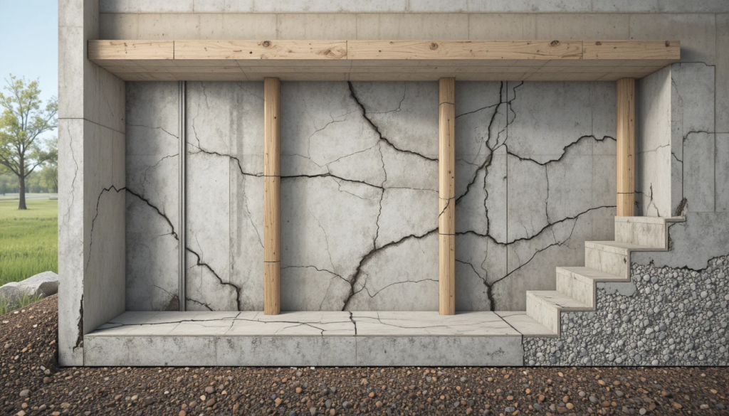 Vertical crack running through a concrete foundation wall