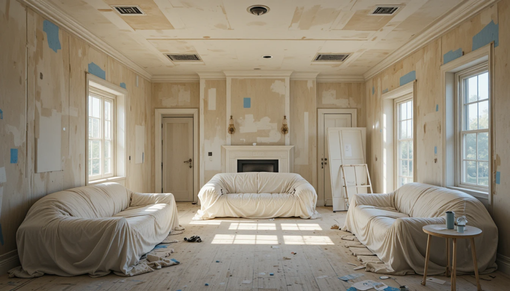Textured popcorn ceiling in an older living room