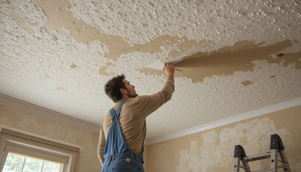 Plastic sheeting protecting floors during ceiling removal