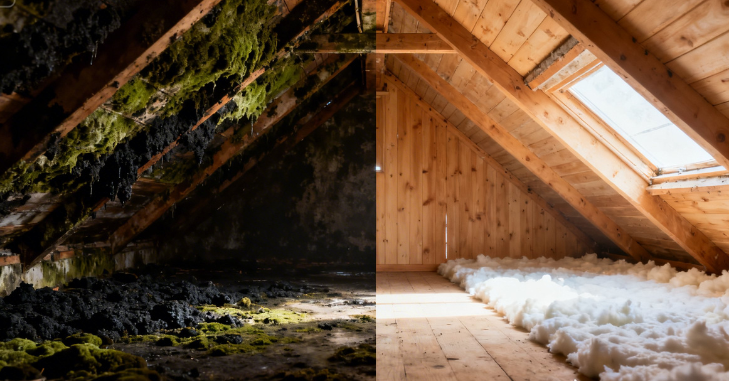 Dark mold growth spreading across attic roof sheathing