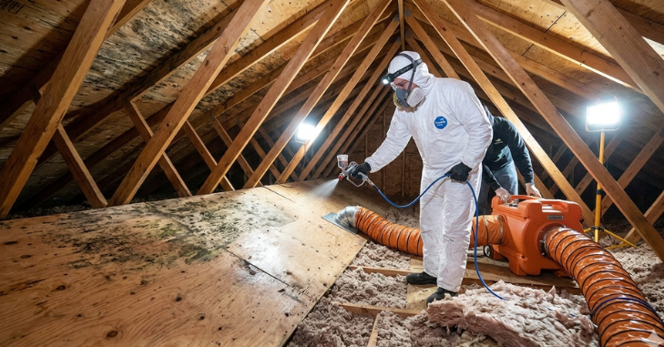 Technician in protective gear treating attic mold